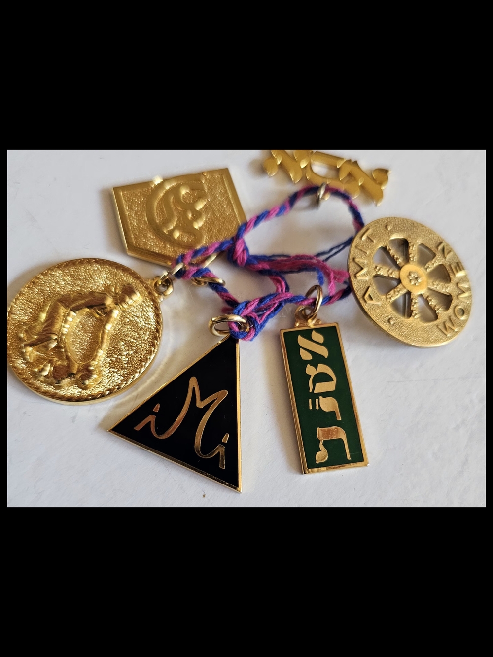 Gold Tone Multi-Charm Necklace with Black and Green Enamel Accents
